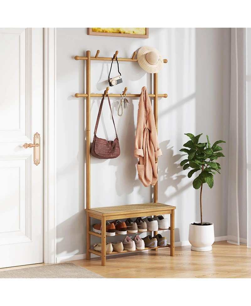 Costway Bamboo Coat Rack with Bench Shoe Storage 2 Hanging Rods 11 Hanging Hooks Shelves