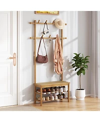 Costway Bamboo Coat Rack with Bench Shoe Storage 2 Hanging Rods 11 Hanging Hooks Shelves
