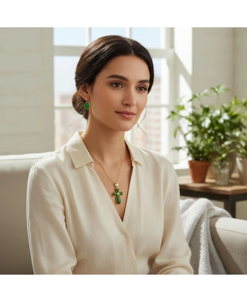 Bling Jewelry Natural Green Jade Small Cross Pemdant Necklace & Bezel Oval Drop Earrings Jewelry Set Gold Plated Sterling Silver