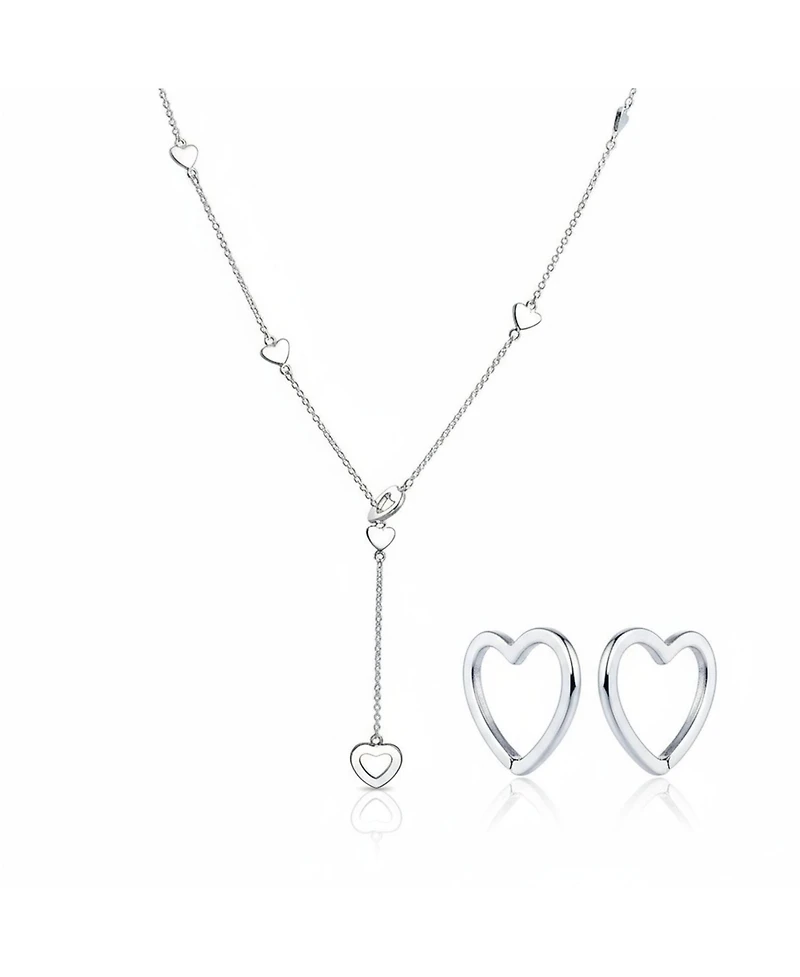 Bling Jewelry Heart Long Lariat Pendant Necklace & Endless Tube Mini Hoop Earrings Jewelry Set Sterling Silver