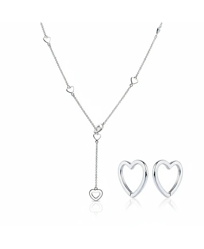 Bling Jewelry Heart Long Lariat Pendant Necklace & Endless Tube Mini Hoop Earrings Jewelry Set Sterling Silver