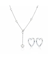 Bling Jewelry Heart Long Lariat Pendant Necklace & Endless Tube Mini Hoop Earrings Jewelry Set Sterling Silver