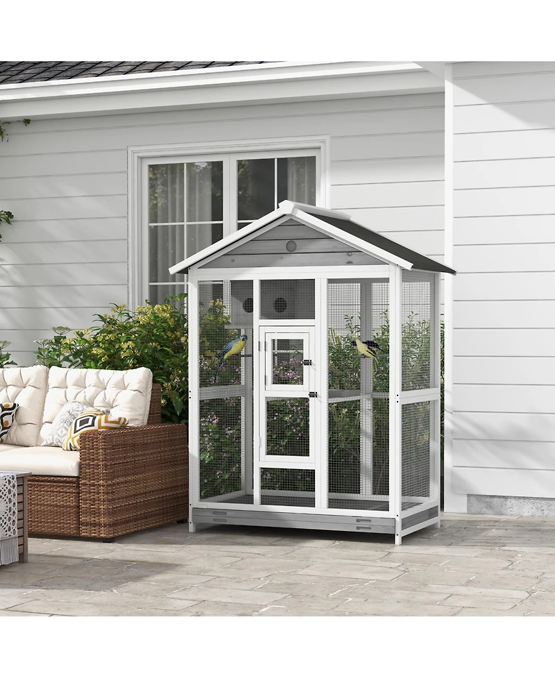 PawHut 64.5" Wooden Bird Cage Aviary, Flight Cage with Slide-Out Tray