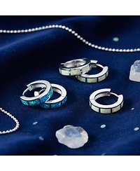 Bling Jewelry Set of 2 White & Blue Synthetic Opal Inlay Iridescent Huggie Hoop Earrings Sterling Silver