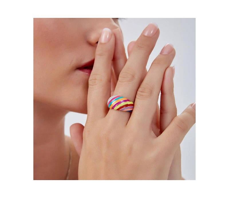 Spero London Enamel Rainbow Stripe Chunky Sterling Silver Ring