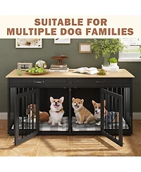 Homsee Dog Crate, Large Wooden Dog House with 2 Drawers, Dog Cage for Large Medium Dogs