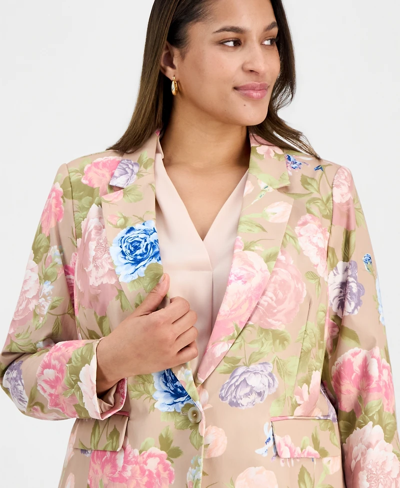 Tahari Asl Plus Printed Notch-Lapel Satin Blazer