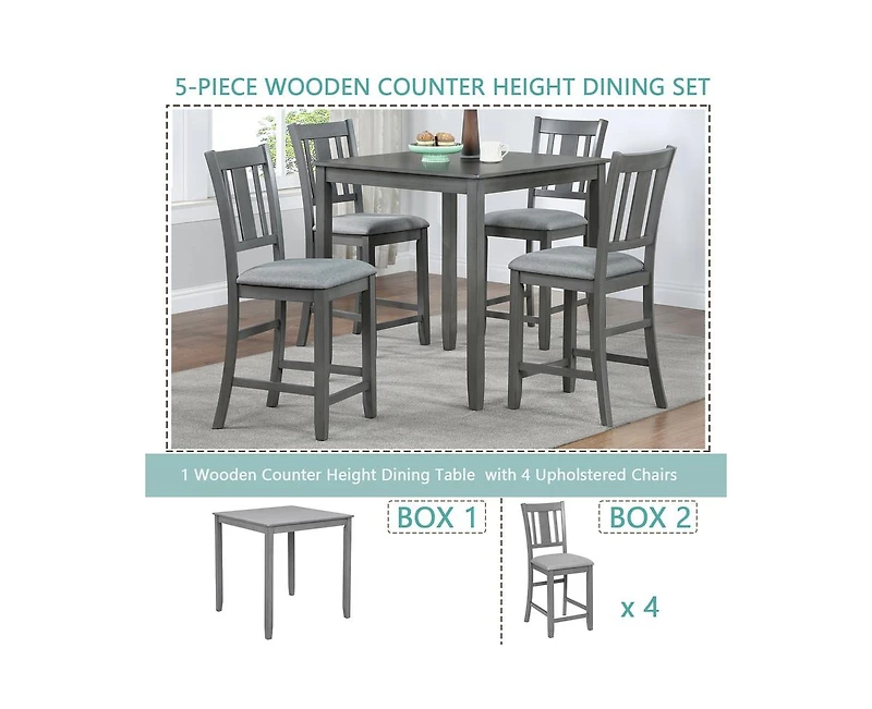 Casainc 5-Piece Grey Counter Height Kitchen Dining Set with Square Wood Table and 4 Upholstered Chairs