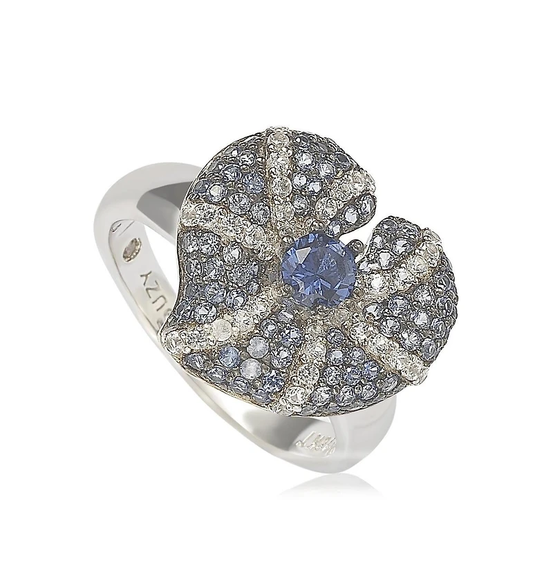 Suzy Levian Sterling Silver Sapphire Pave Whimsical Heart Leaf Ring