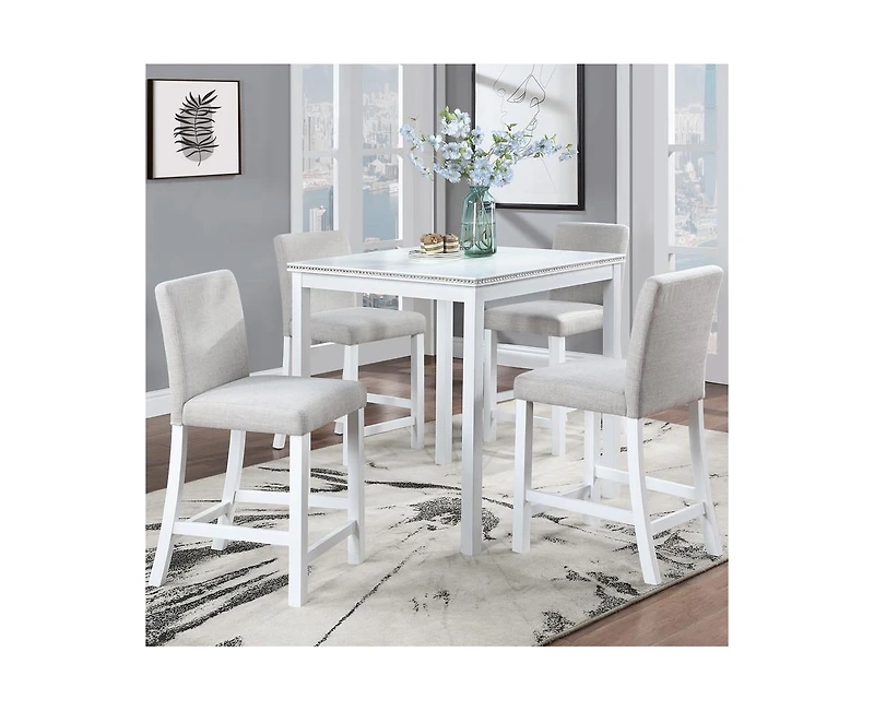 sumyeg 5-Piece Counter Height Dining Set with Crystal Accent Square Wood Table and 4 Upholstered Chairs