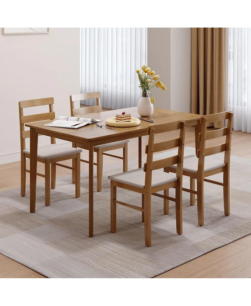 Maison Boucle 5-Piece Solid Wood Dining Table Set with 4 Upholstered Chairs, Natural Finish Kitchen and Chair for Room