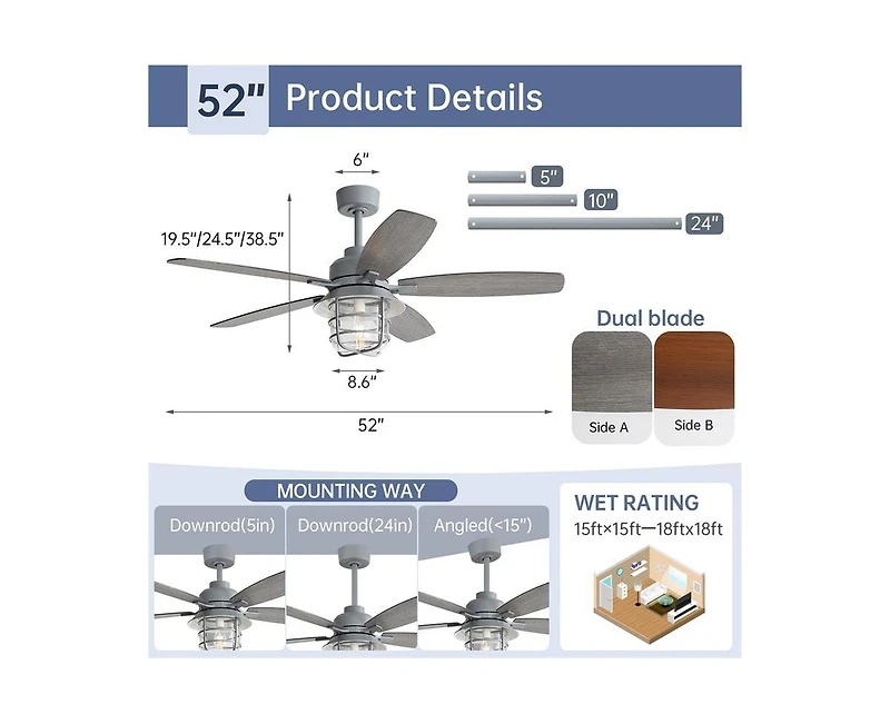 Sofucor 52-inch Gray Wood Grain Farmhouse Indoor 5-Blade Ceiling Fans with Light Kit and Remote Control