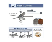 Sofucor 52-inch Gray Wood Grain Farmhouse Indoor 5-Blade Ceiling Fans with Light Kit and Remote Control