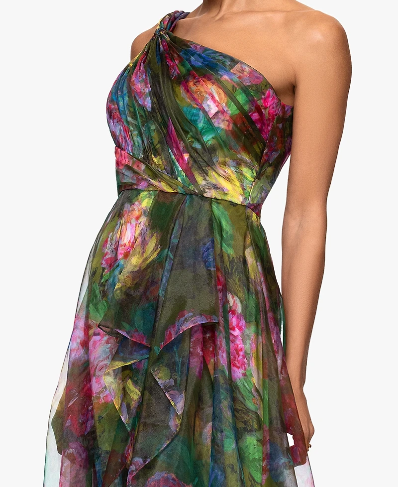 Xscape Women's Printed One-Shoulder Long Dress