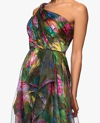 Xscape Women's Printed One-Shoulder Long Dress