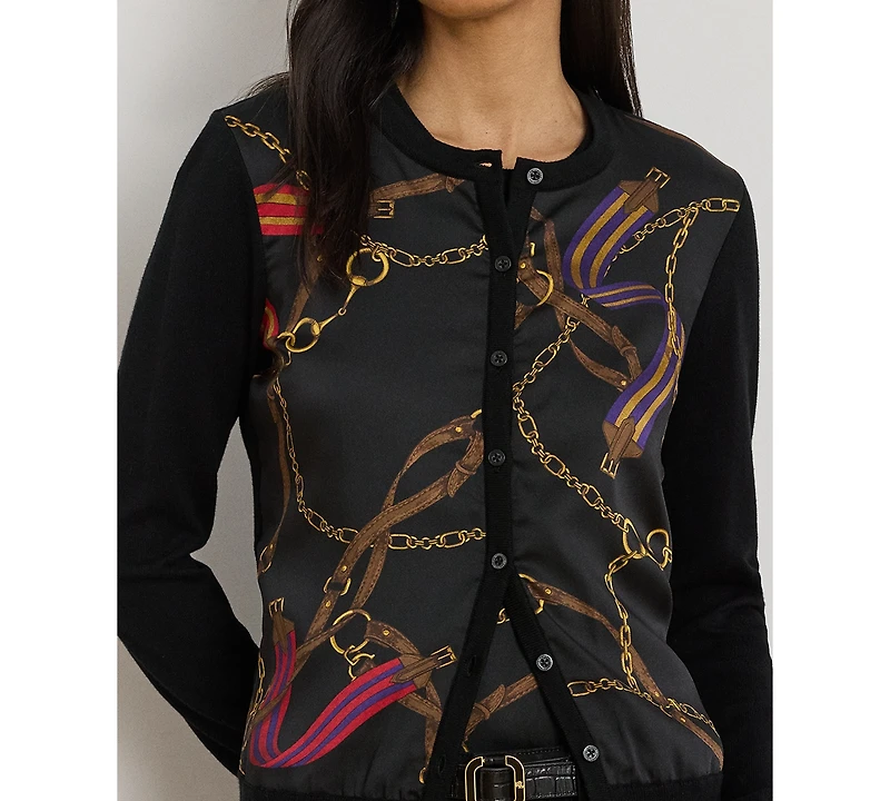 Lauren Ralph Petite Belting-Print Long-Sleeve Cardigan Sweater