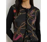 Lauren Ralph Petite Belting-Print Long-Sleeve Cardigan Sweater