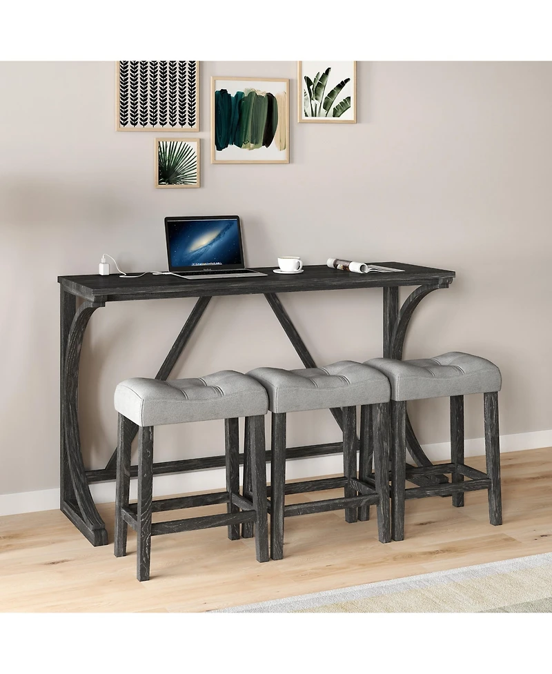 Casainc Industrial 4-Piece Bar Table Set with Power Outlet and Chairs