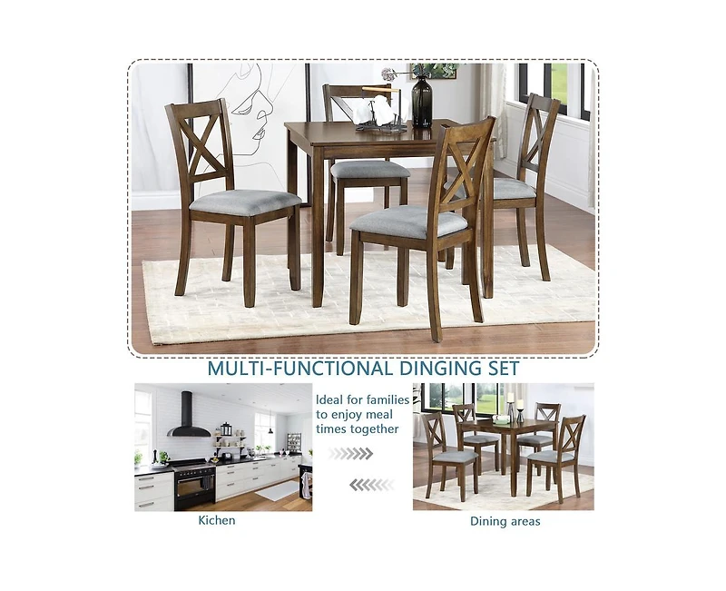 sumyeg 5-Piece Walnut Wood Dining Set with Table and 4 Chairs