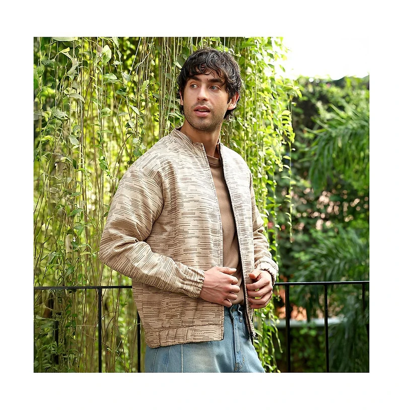 Campus Sutra Men's Khaki Brown Lined-Jacquard Bomber Jacket