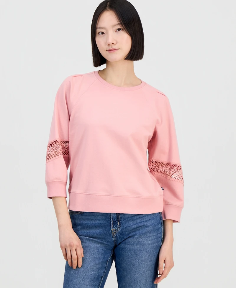 Nautica Jeans Women's Pleated Lace-Trim 3/4-Sleeve Sweatshirt
