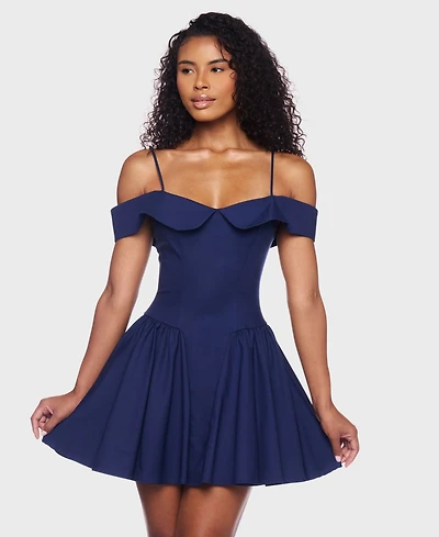 B Darlin Juniors' Sweetheart Spaghetti-Strap Cold-Shoulder Twill Fit & Flare Dress