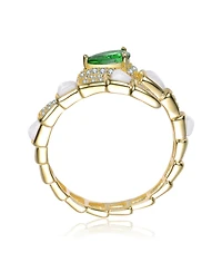 Rachel Glauber 14K Gold Plated with White Mother Of Pearl, Green & Clear Cubic Zirconia Bypass Ring