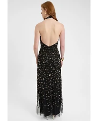 Beauut Women's Embellished Sequin Beaded Maxi Dress With Choker-Style Collar