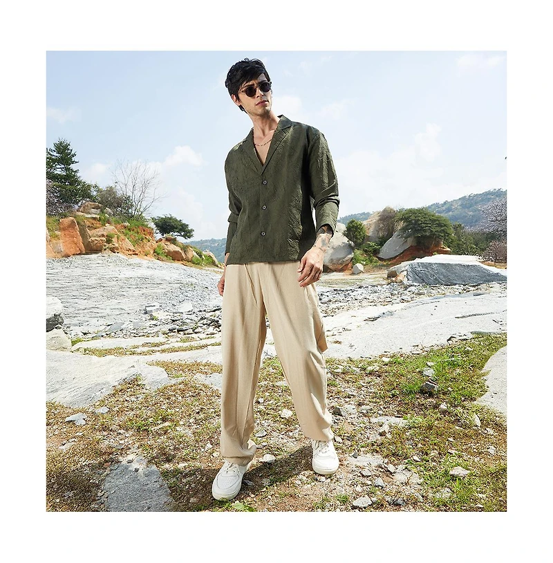 Campus Sutra Men's Army Green Wrinked Korean Oversized Shirt.
