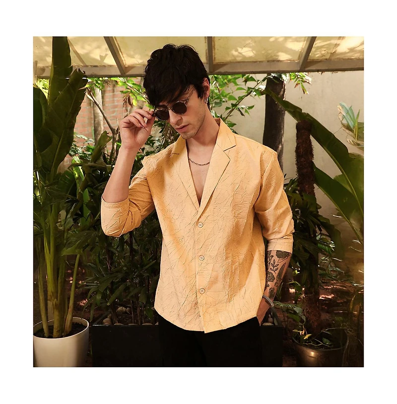 Campus Sutra Men's Buff Beige Wrinkled Korean Oversized Shirt