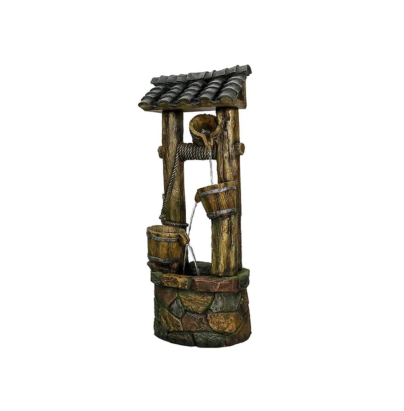 SunJet 39.3" Rustic Wishing Well Outdoor Water Fountain with Led Lights
