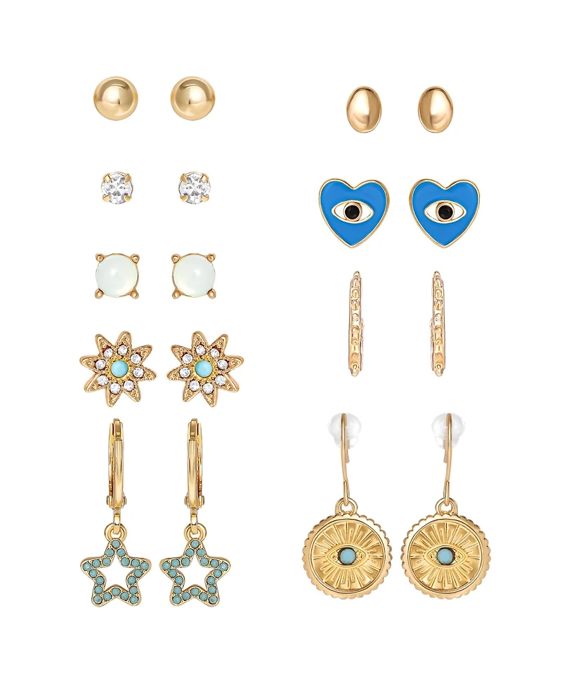 Jessica Simpson Gold-Tone Evil-Eye, Heart & Star Stud & Hoop Earring Set, 9 Pairs