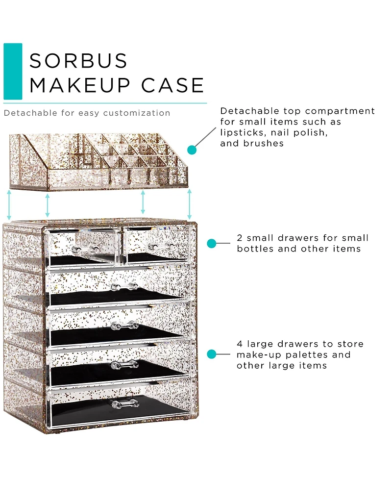 Sorbus 2 Piece Acrylic Makeup and Jewelry Storage Organizer Case (6 Drawers and Lipstick Tray) - Tie Dye Pink