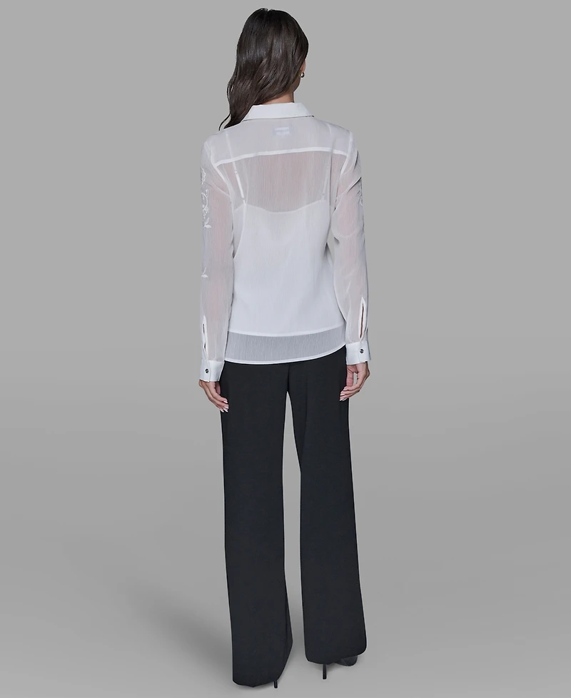 Karl Lagerfeld Paris Petite Flower Button Down Shirt