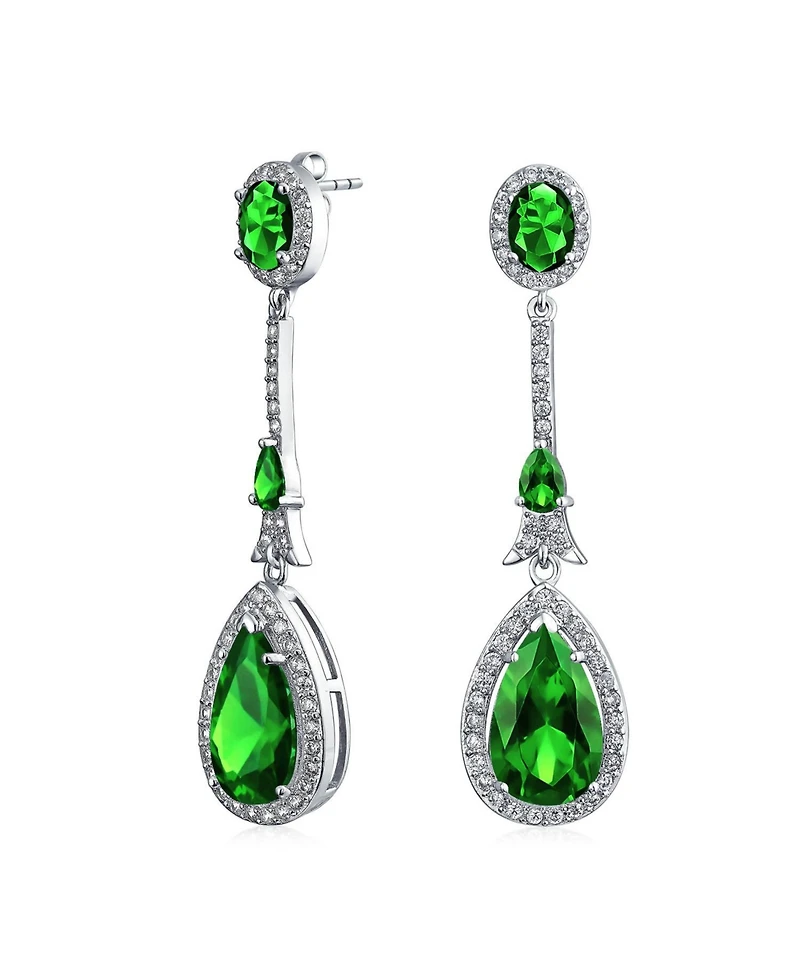 Bling Jewelry Set of 2 Art Deco Cubic Zirconia Halo Long Pear Solitaire Teardrop Blue & Green Cz Statement Dangle Chandelier Earrings