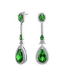Bling Jewelry Set of 2 Art Deco Cubic Zirconia Halo Long Pear Solitaire Teardrop Blue & Green Cz Statement Dangle Chandelier Earrings