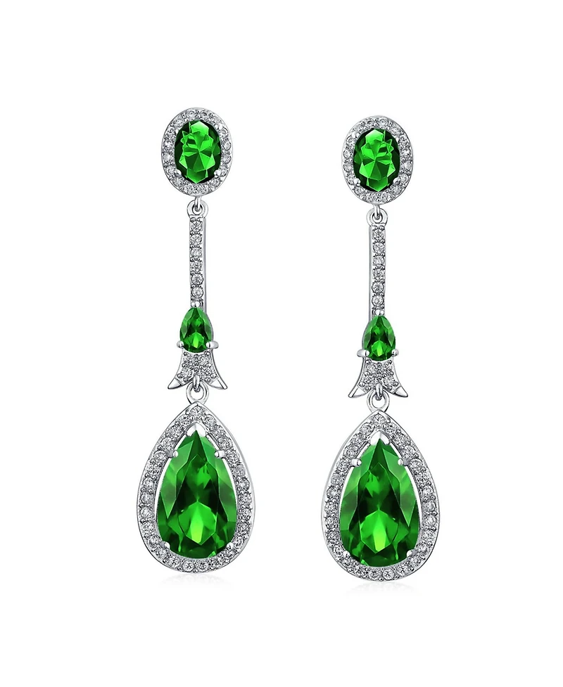 Bling Jewelry Set of 2 Art Deco Cubic Zirconia Halo Long Pear Solitaire Teardrop Blue & Green Cz Statement Dangle Chandelier Earrings