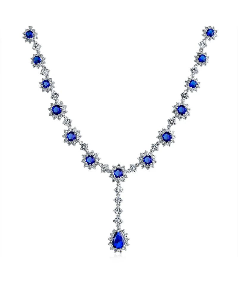 Bling Jewelry Royal Blue Cz Cubic Zirconia Collar Necklace & Oval Halo Stud Earrings Jewelry Set