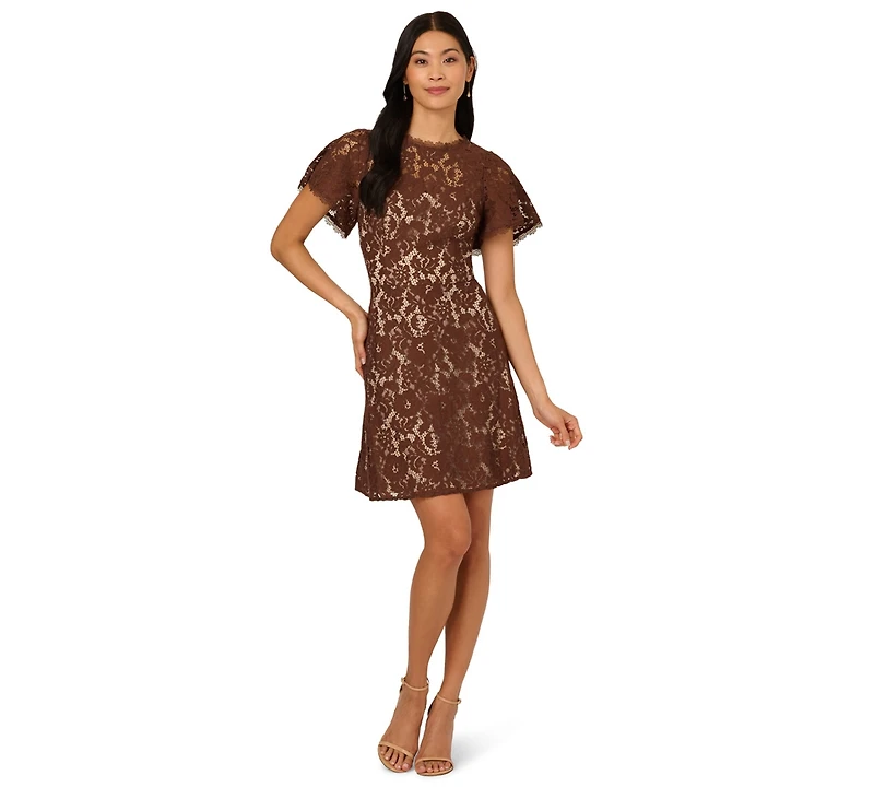 Adrianna Papell Women's Crewneck Lace Flounce Short Dress