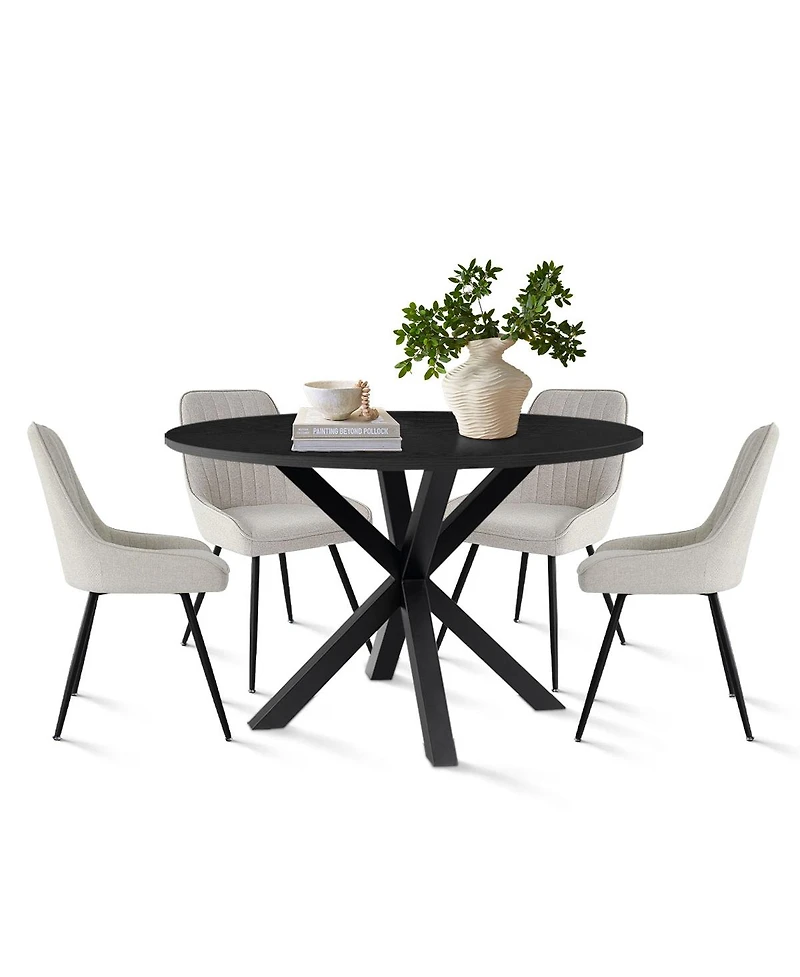 Maison Boucle 5-Piece Round Dining Table Set for 4, Black Mdf Top with Upholstered Fabric Chairs, Kitchen Small Spaces