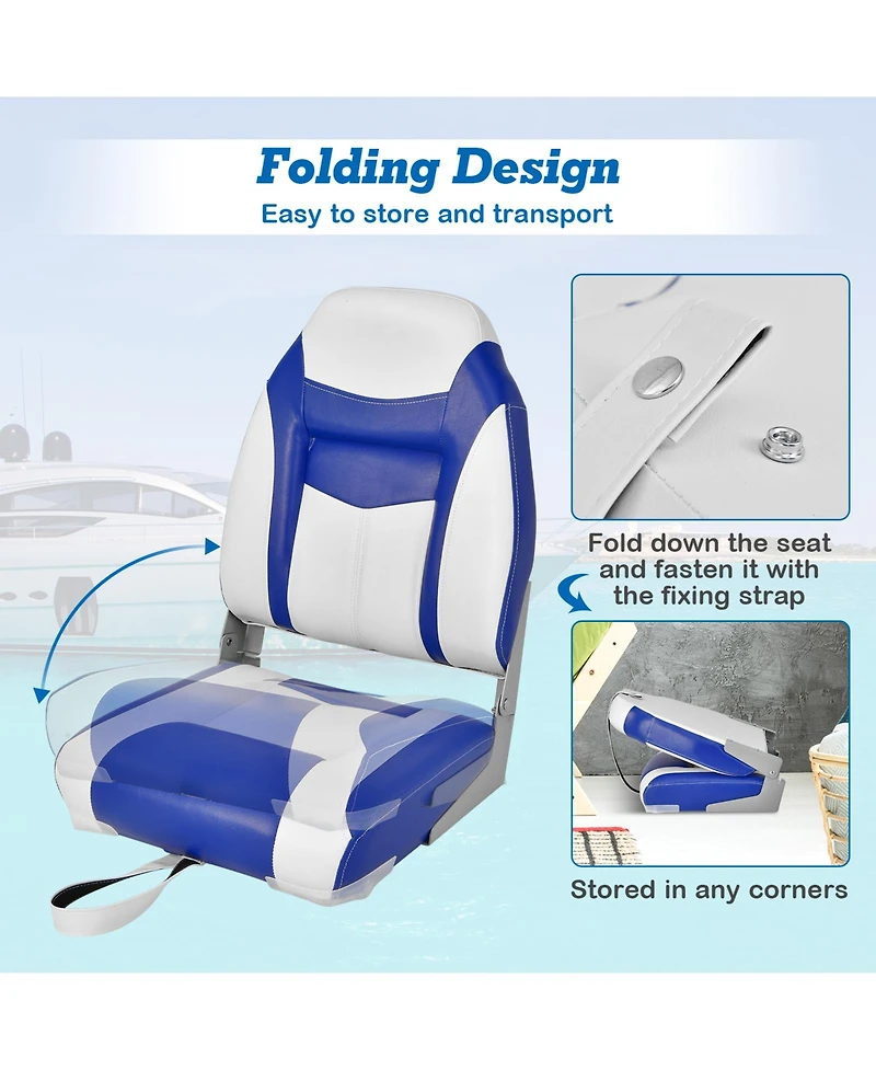 Sugift High Back Folding Boat Seat with Blue White Sponge Cushion and Flexible Hinges