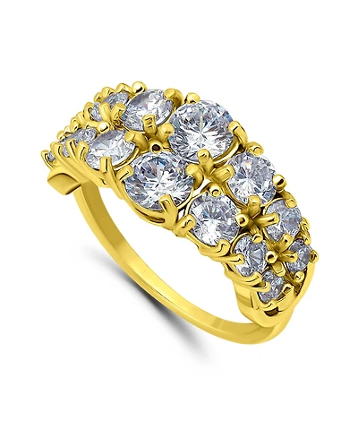 Cubic Zirconia 2 Row Round Prong Set Stones Ring Silver Plate