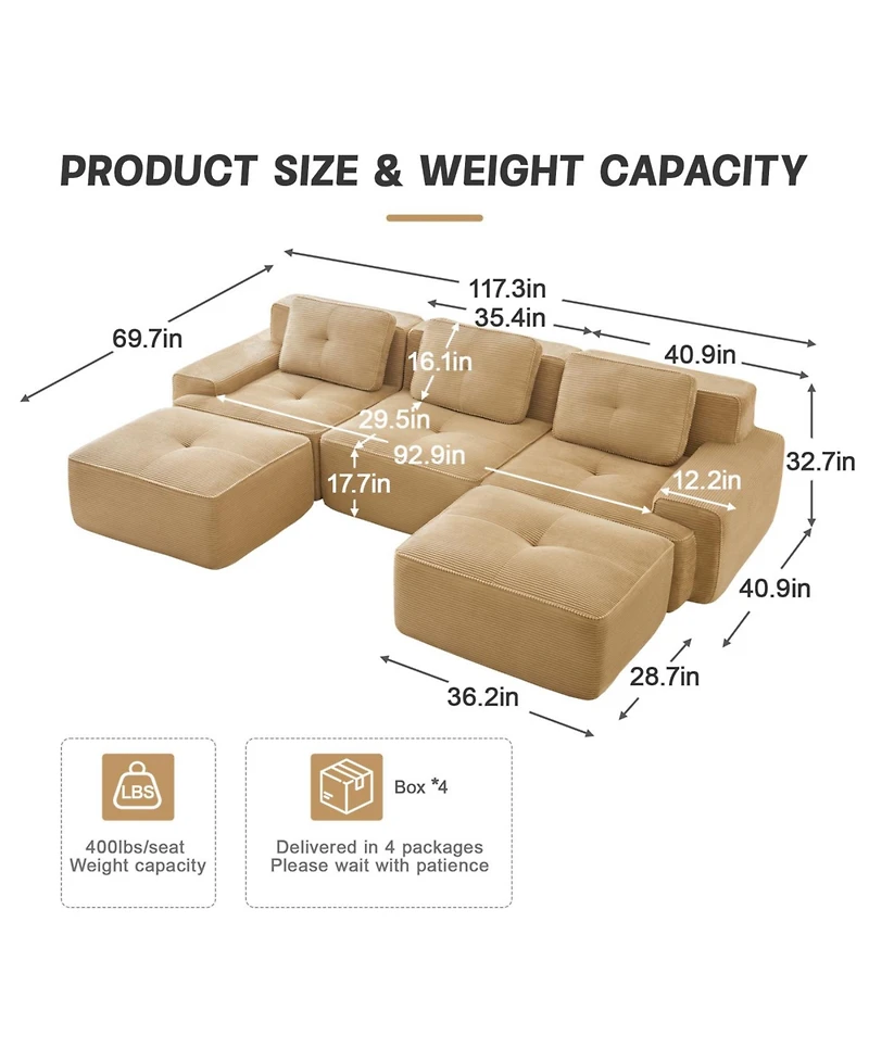 Streamdale Furniture Streamdale Modern U-Shaped Corduroy Sectional Sofa with Movable Ottoman - Camel