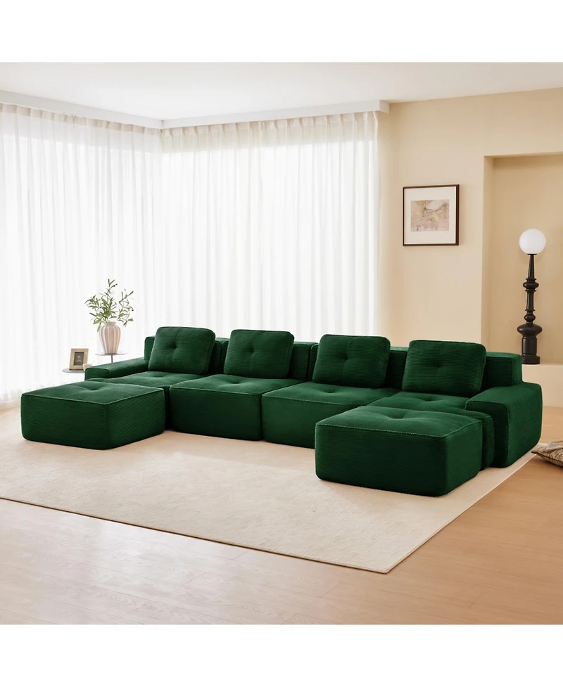 Streamdale Furniture Modern U-Shaped Corduroy Sectional Sofa, 4-Seater Couch with Ottomans, Green