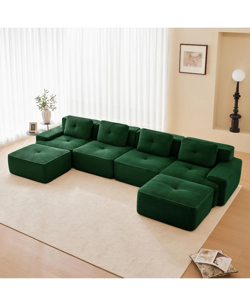 Streamdale Furniture Modern U-Shaped Corduroy Sectional Sofa, 4-Seater Couch with Ottomans, Green
