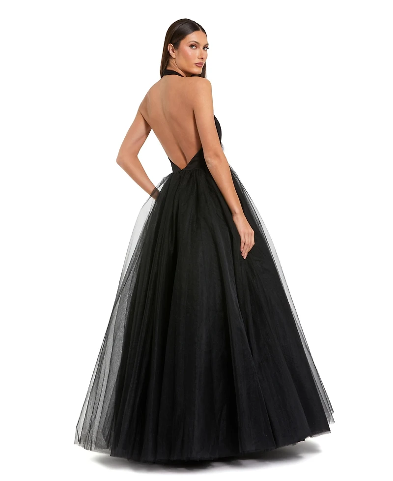 Mac Duggal Women's Jersey Halter Ballgown with Tulle Skirt and Floral Detail