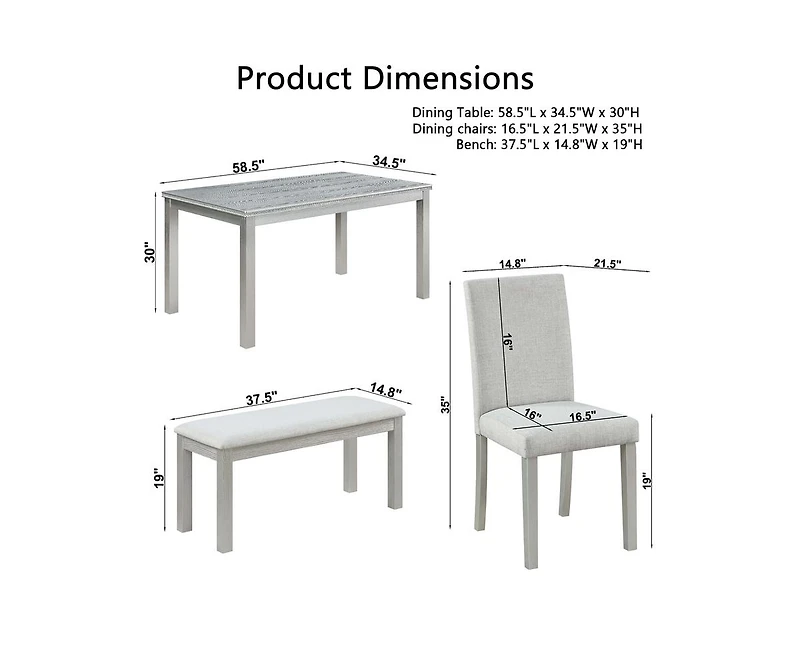 Casainc 6-Piece Silver Grey Crystal Accent Wood Dining Set with Rectangular Table 4 Upholstered Chairs and Bench