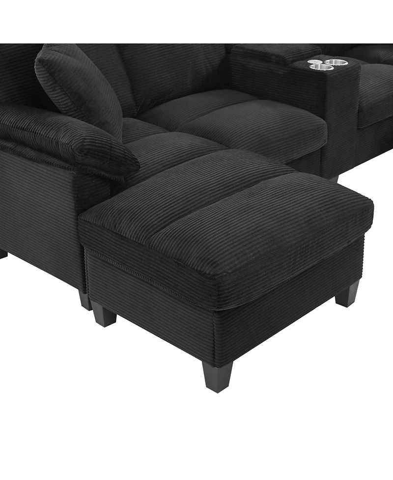 Streamdale Furniture Modern U-shaped Corduroy Sofa with Storage, Cup Holders & Usb Ports, Black