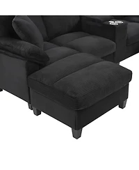 Streamdale Furniture Modern U-shaped Corduroy Sofa with Storage, Cup Holders & Usb Ports, Black