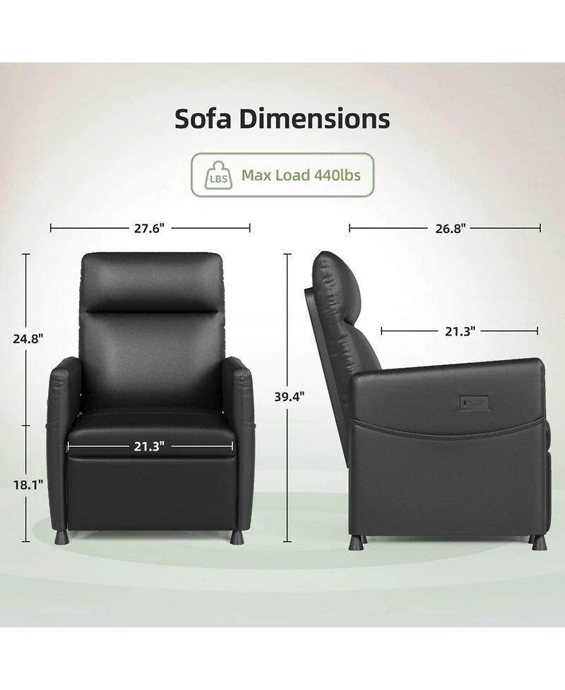 Streamdale Power Recliner Chair - Black Leather w/ Footrest, Padded Seat, Compact Design